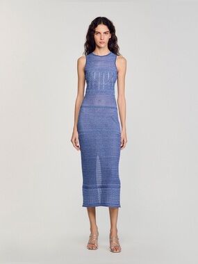 SANDRO Ludivine Blue Metallic Chevron Pointelle Knit Midi Dress 40 US 8 NWT